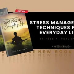 Książki o stresie: "Stress Management Techniques for Everyday Life" Todda P. McAlistera, z sylwetką medytującą na okładce.