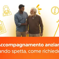 Un giovane aiuta un anziano a camminare. Icone di un medico, documenti e un bastone da passeggio suggeriscono come capire se è stato riconosciuto l'accompagnamento.