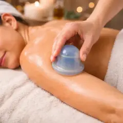 Relaks po masażu bańką chińską. Kobieta leży na ręczniku, a jej plecy są masowane.