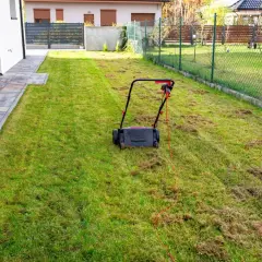 Wertykulator na trawniku z resztkami skoszonej trawy i filcu.