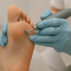 Profesjonalny pedicure: jak usunąć martwy naskórek na stopach za pomocą frezarki. Skóra stóp jest wygładzona i zadbana.