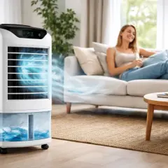 Un climatiseur sans sortie extérieure diffuse une brise fraîche. Une femme détendue sur un canapé profite du confort.
