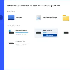 Interfaz de PartitionAssistant Recovery para recuperar archivos borrados. Permite elegir entre Escritorio, Papelera, carpeta o discos locales (C:, D:, E:, F:).