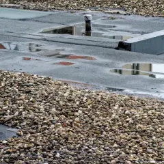 Ein undichtes Flachdach mit stehendem Wasser und Kies. Feuchtigkeit kann zu Schimmelbildung führen.