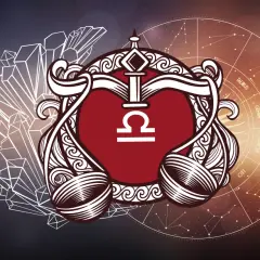 Symbol znaku zodiaku Waga, otoczony ozdobnymi elementami, kryształami i kołem zodiaku.