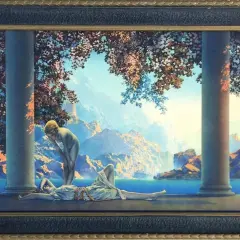 A painting of two figures in a classical setting, bathed in the soft light of daybreak. Mountains and water form a serene backdrop.
