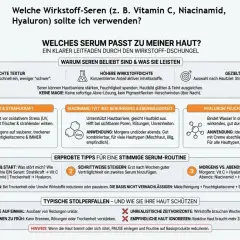 Vitamin C und Hyaluron kombinieren für strahlende Haut. Das Infografik zeigt, wie Seren wirken und welche Inhaltsstoffe für welchen Hauttyp geeignet sind.