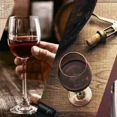 Calici di vino rosso, tappi di sughero e cavatappi su tavoli di legno. Un'ode a i vini più pregiati d'Italia.