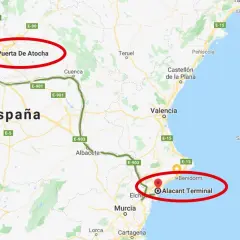 Mapa de España mostrando la ruta del tren AVE Madrid-Benidorm, desde Puerta de Atocha hasta Alacant Terminal.