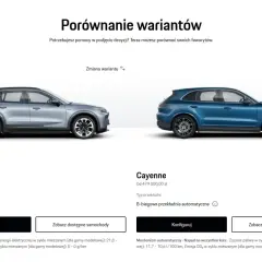 Porównanie Porsche Cayenne Electric i Cayenne. Elektryczny wariant ma szary lakier, spalinowy niebieski.