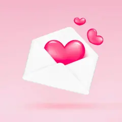 Un cuore rosa brillante esce da una busta bianca, come un messaggio speciale per il mio san valentino in inglese.
