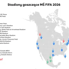 Mapa USA, Kanady i Meksyku z zaznaczonymi stadionami MŚ FIFA 2026. Gospodarze mistrzostw świata w piłce nożnej gotowi na emocje!