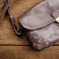 Sac à main en cuir brun taché de moisissure. Le cuir moisi présente un danger pour la santé et la conservation des objets.
