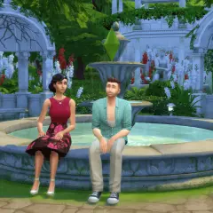 Para dowiedzieć się, jak zmienić relacje między simami w The Sims 4, zobacz tę parę siedzącą przy fontannie w ogrodzie.