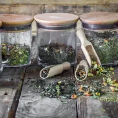 Słoiki z suszonymi ziołami i drewniane łyżki. Wskazówka, jak suszyć zioła, by zachować ich aromat.