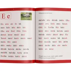 Strona z podręcznika z literą "E", zdjęciem emu i listą słów do nauki.