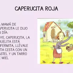Ilustración de Caperucita Roja. Su mamá le pide que lleve pastel y miel a su abuelita enferma.