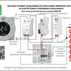 Schemat podłączenia termostatu Mycond do ogrzewania podłogowego. Pokazuje, jak działa termostat pokojowy, łącząc matę grzewczą, czujnik temperatury i zabezpieczenia.