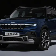 Nuova Jeep Renegade 2026 blu scuro, con fari a LED affilati e griglia iconica. Un'anteprima del futuro dell'avventura.