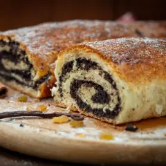 Pyszny makowiec który zawsze się udaje, z bogatym nadzieniem makowym, posypany cukrem pudrem. Obok leżą laski cynamonu i wanilii.