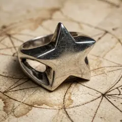 Srebrny pierścionek w kształcie gwiazdy, przypominający gwiazdę Dawida lub pentagram, leży na starej, tajemniczej mapie.