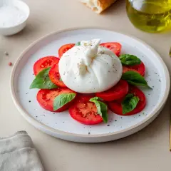 Ein Teller mit Tomatenscheiben, Basilikum und einem frischen Burrata-Käse, der cremig und köstlich aussieht. Was ist Burrata? Ein italienischer Frischkäse, der außen Mozzarella und innen Sahne und Mozzarellafäden enthält.