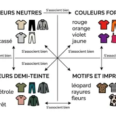 Guide des associations de couleur vêtement : neutres, fortes, demi-teintes et motifs.