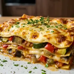Une généreuse part de lasagne végétarienne, garnie de fromage doré et de légumes colorés, prête à être dégustée.