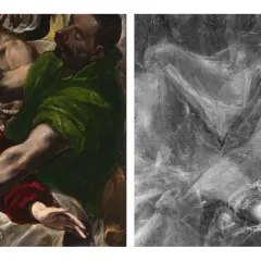 Detalle de una pintura del Greco, mostrando figuras dramáticas y ropajes vibrantes junto a una imagen de rayos X que revela la estructura subyacente.