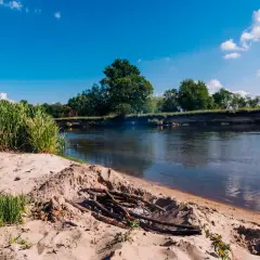 Piaskowy brzeg i ognisko nad spokojną rzeką Wartą. W oddali zielone drzewa i błękitne niebo z chmurami.