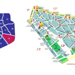 Mapa Paryża z zaznaczonymi dzielnicami i atrakcjami, wyróżniona dzielnica 12.