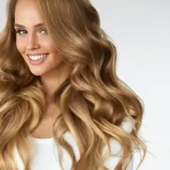 Mujer sonriente con cabello ondulado color miel rubio, que cae sobre sus hombros.