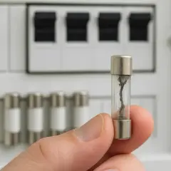 Spalony bezpiecznik, świadectwo groźnego zwarcia elektrycznego, w dłoni na tle tablicy rozdzielczej.