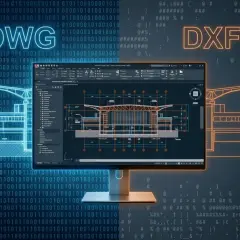 DWG i DXF – formaty plików CAD. Na ekranie monitora widać projekt architektoniczny, a tło tworzy kod binarny i symbole.