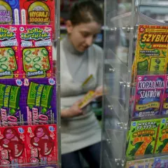 Zdrapki "Pieniądze jak lodu" i inne losy na loterii w kiosku. Kobieta wybiera zdrapkę.