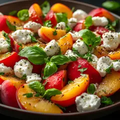 Pfirsich-Mozzarella-Salat mit Basilikum und Pfeffer auf einem Teller.