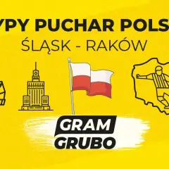 Typy Puchar Polski: Śląsk Wrocław kontra Raków Częstochowa. Grafika z ikonami stadionu, wieżowca, flagi Polski i piłkarza.