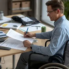 Mężczyzna na wózku inwalidzkim wypełnia dokumenty, przygotowując wniosek o świadczenie wspierające.