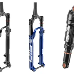 RockShox SID SL Ultimate suspension fork in black and blue, and a matching black rear shock.