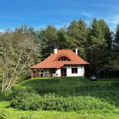 Urokliwy domek na wzgórzu pośród baśniowego boru. Otoczony zielenią, z czerwoną, spadzistą dachem i werandą.