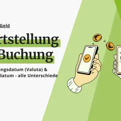 Hände halten Smartphones, Euro-Münzen fliegen. Die Grafik erklärt, was Wertstellungsdatum (Valuta) und Buchungsdatum bedeuten und ihre Unterschiede.