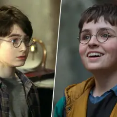 Dwa ujęcia młodego Harry'ego Pottera z serialu "Harry Potter". Po lewej Daniel Radcliffe w roli głównej, po prawej inny aktor wcielający się w postać.