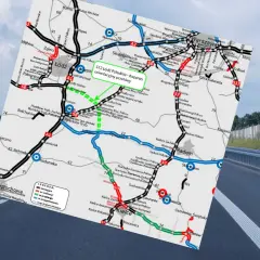 Mapa drogowa z zaznaczoną trasą S8, łączącą Łódź z okolicami Warszawy i dalej na południe. Widok z perspektywy kierowcy.