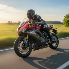 Ein Motorradfahrer rast auf einer Landstraße, die Sonne scheint. Hoffentlich kein Motorrad Blitzer auf dieser Strecke!