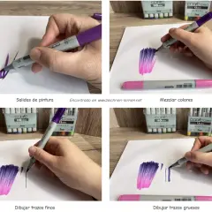 Manos practicando con rotuladores para crear degradados y trazos finos y gruesos, ideales para dibujos para pintar con rotuladores.
