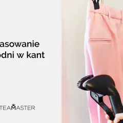 Różowe spodnie w kant wiszą na wieszaku, a ręka trzyma parownicę, gotową do prasowania.
