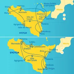 Sycylia wycieczka objazdowa Itaka: mapy tras Lato i Zima pokazują Palermo, Katania, Etna, Syrakuzy i inne miejsca.
