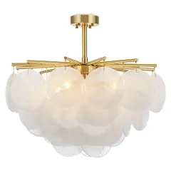 Elegante lámpara de techo nacar con discos translúcidos y estructura dorada, ideal para un ambiente sofisticado.