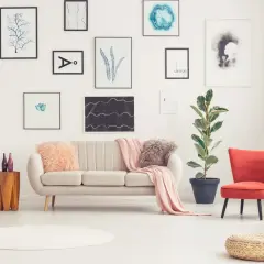Sofa w kolorze ecru z różowymi poduszkami i pledem, obok czerwony fotel i duża roślina.