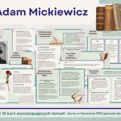 Portret Adama Mickiewicza na tle starych ksiąg i mapy.